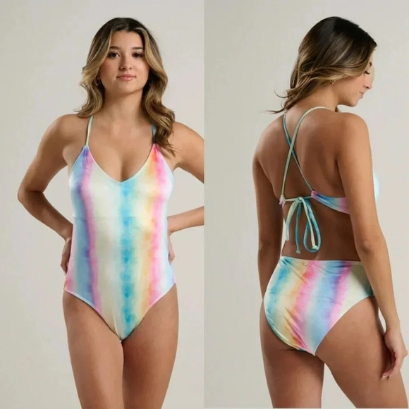 Quintsoul S NWOT One Piece Unicorn Rainbow Colorful Velour Deep V  Lace Up - Picture 4 of 14